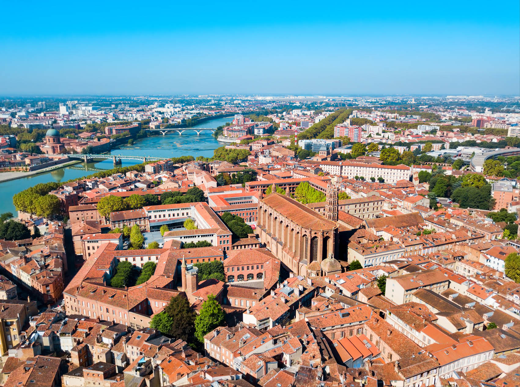 Church of the Jacobins aerial panoramic view, a Roman Catholic church located in Toulouse city, France